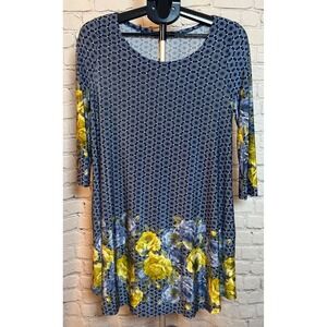 42pops Womens XL Navy Blue Yellow Floral Medallion Tunic Top 3/4 Sleeve